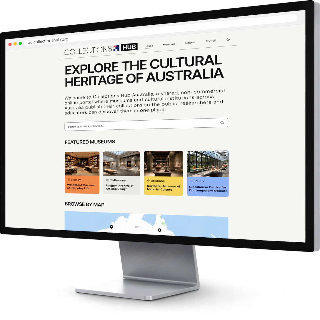 The Collections Hub Australia portal in a browser window on a desktop monitor, showing the address au.collectionshub.org, the headline “Explore the cultural heritage of Australia”, an introduction, a search field, four featured museums with their location and the beginning of a map.