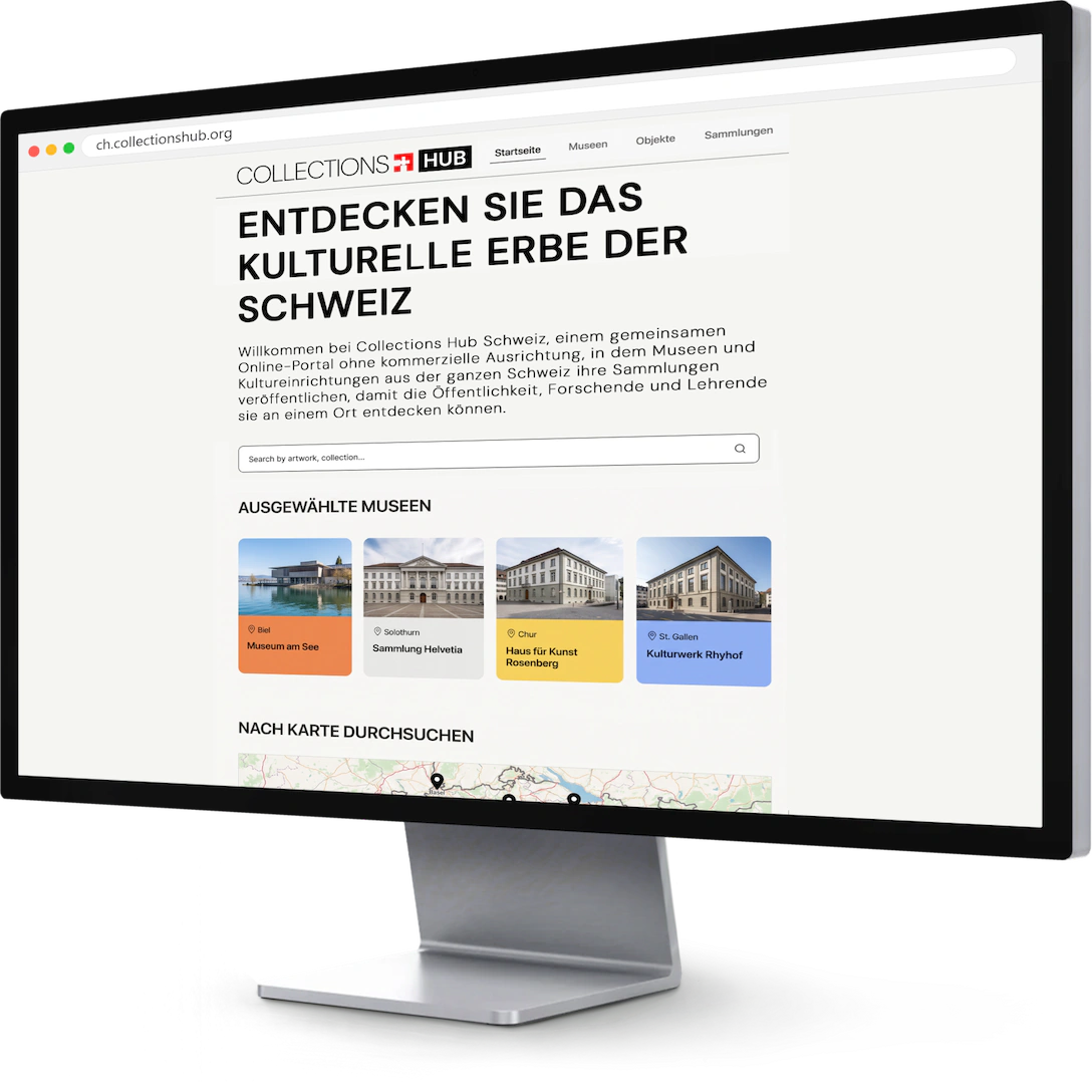 Das Portal Collections Hub Schweiz in einem Browserfenster auf einem Desktop-Monitor, mit der Adresse ch.collectionshub.org, der Überschrift „Entdecken Sie das kulturelle Erbe der Schweiz“, einem Einleitungstext, einem Suchfeld, vier ausgewählten Museen samt Ort und dem Anfang einer Karte.