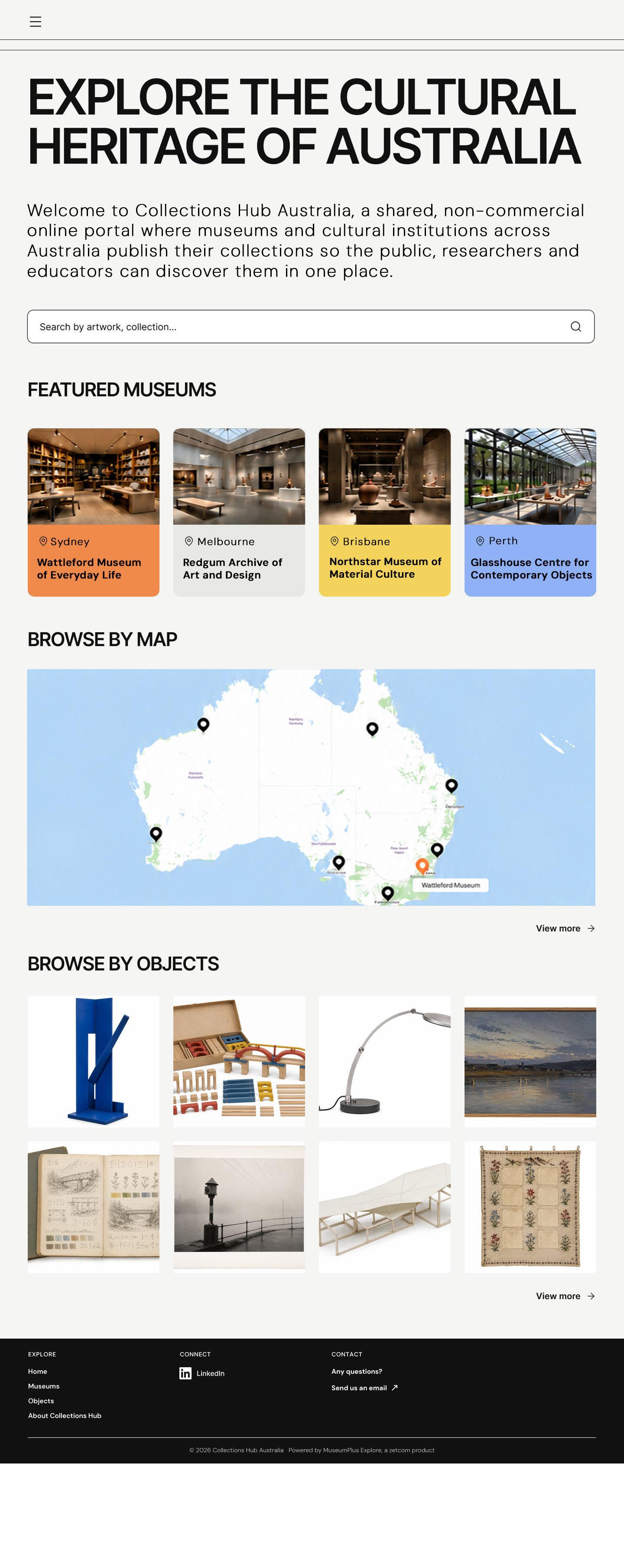 Collections Hub Australia homepage with search, four featured museums in Sydney, Melbourne, Brisbane and Perth, a map of Australia and an object grid