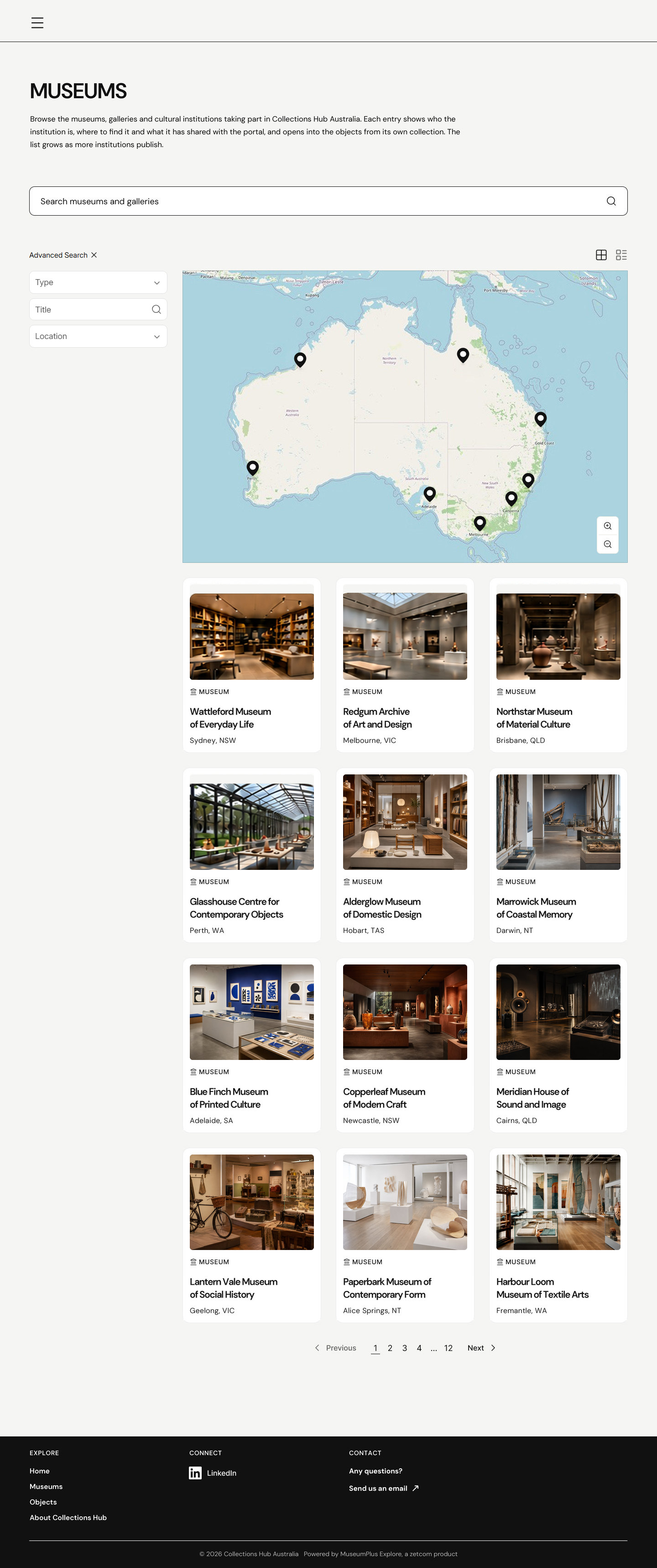 Museums page with a map of Australia, filters and twelve participating institutions with their city