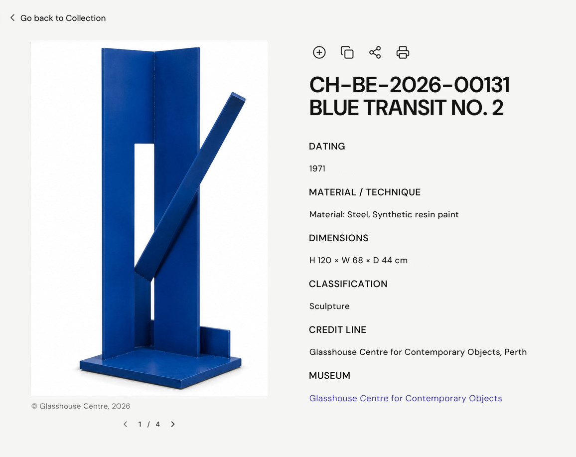 Object detail page with image, object number and title, dating, material and technique, dimensions, classification, credit line and the holding museum