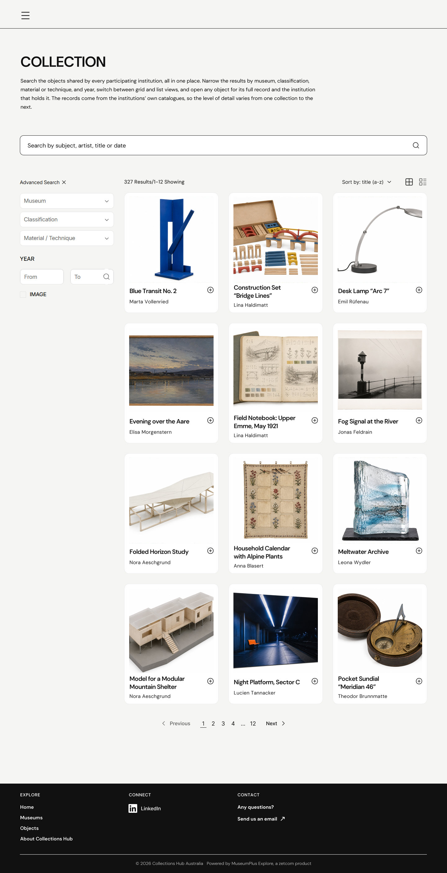 Collection page with search, filters, sorting and an object grid